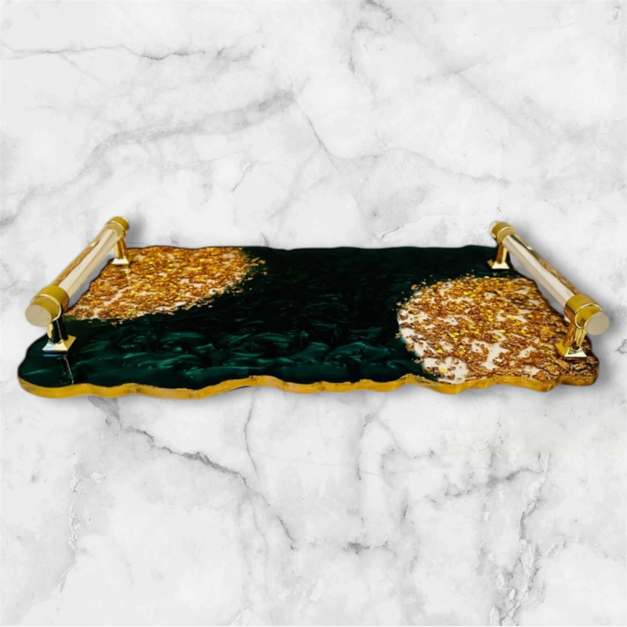 Green Geode Resin Tray with Gold Leaf – Handmade Luxury Decor