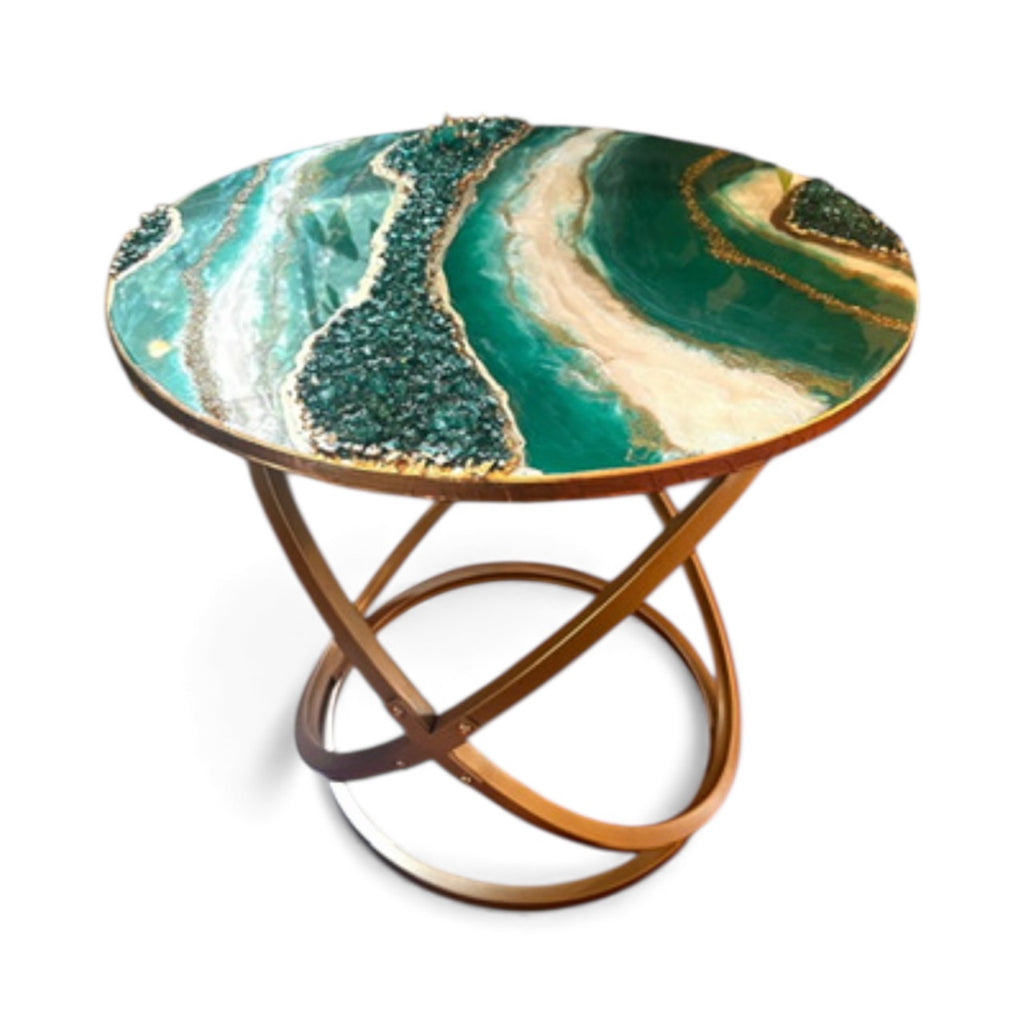 Resin Geode Agate Accent Table – Emerald Green, Gold & White | Handmade Luxury Resin End Table