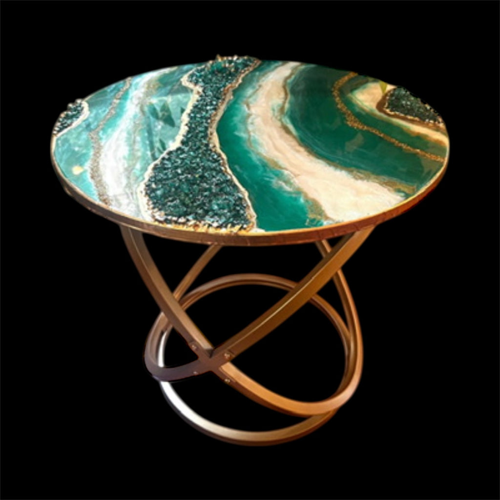 Resin Geode Agate Accent Table – Emerald Green, Gold & White | Handmade Luxury Resin End Table