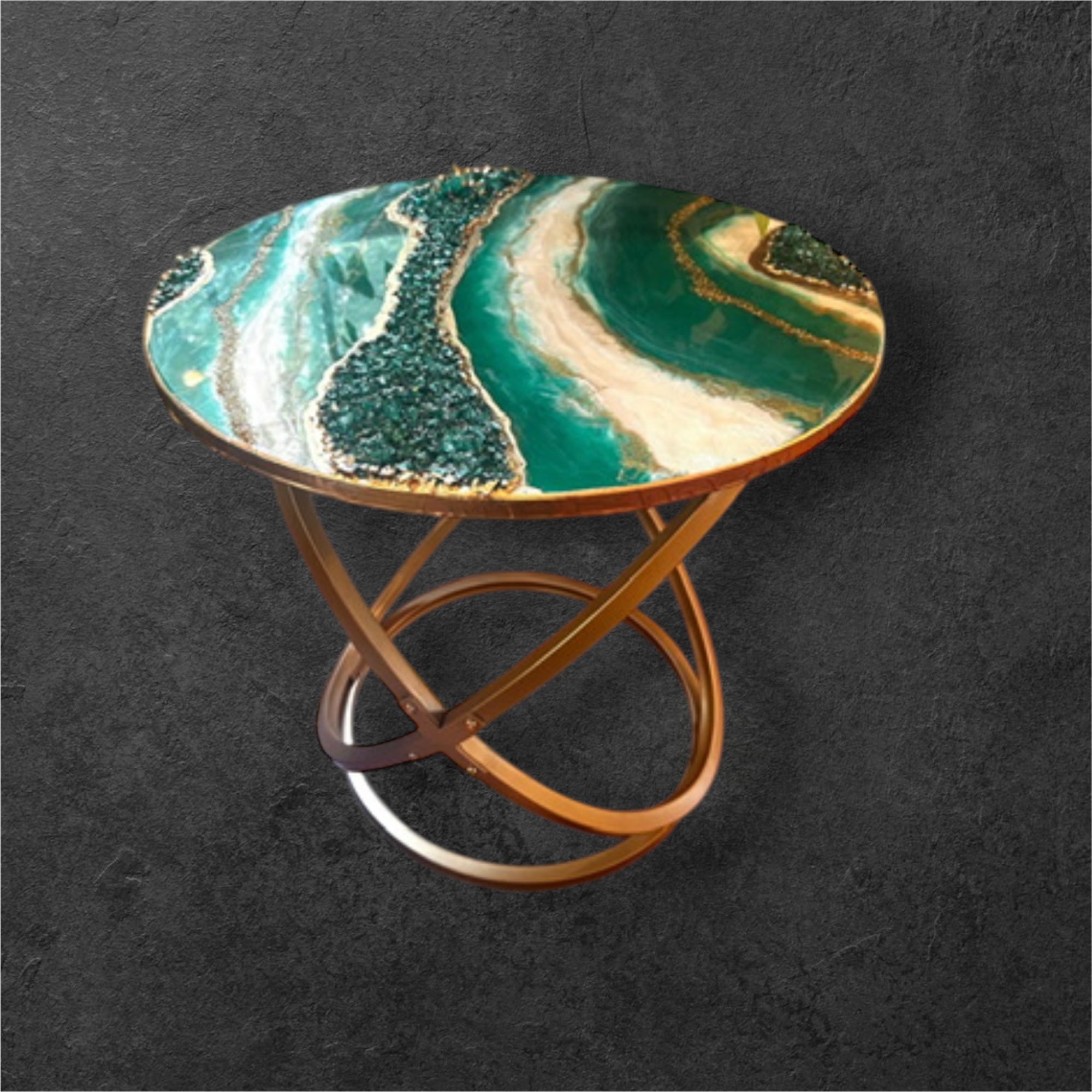 Resin Geode Agate Accent Table – Emerald Green, Gold & White | Handmade Luxury Resin End Table