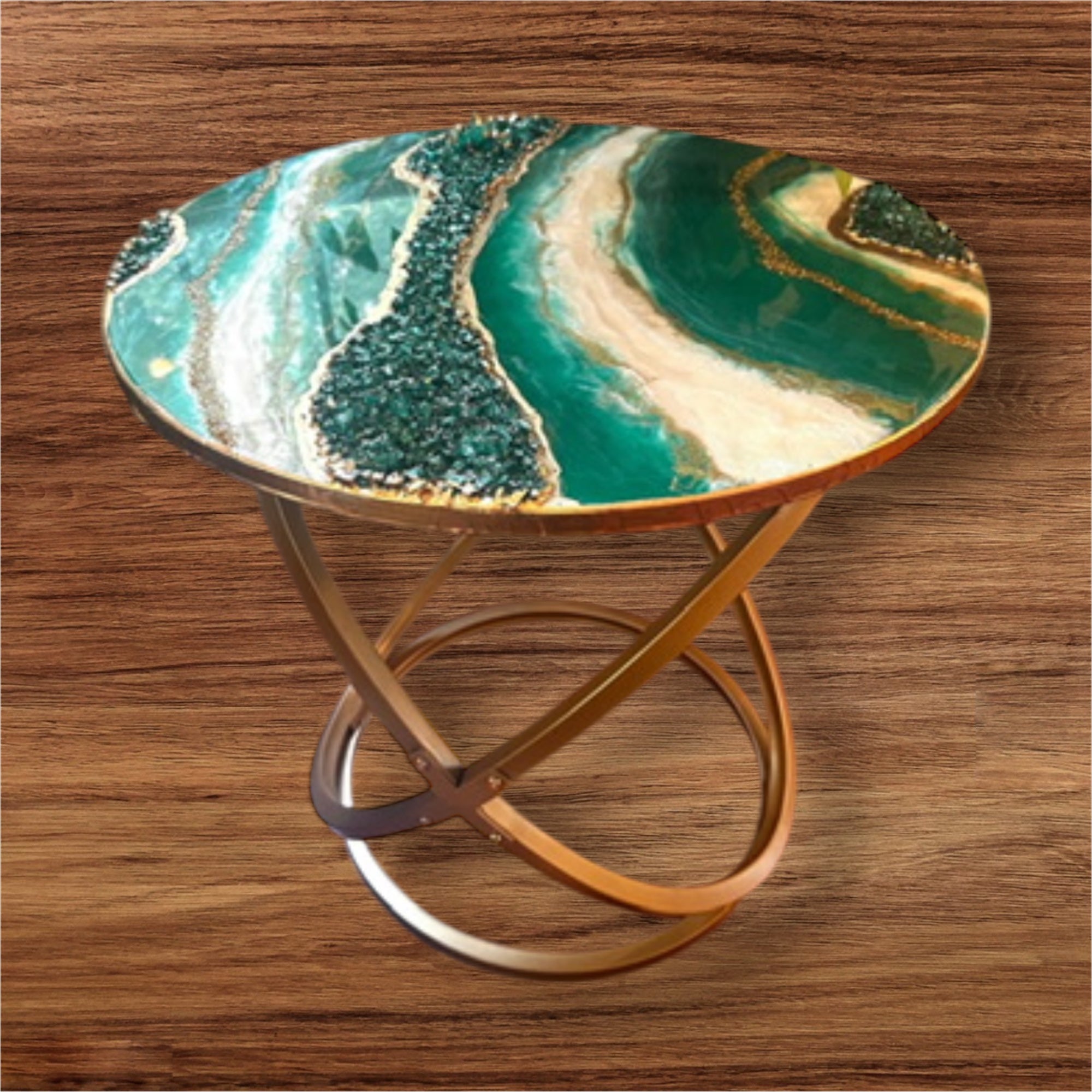 Resin Geode Agate Accent Table – Emerald Green, Gold & White | Handmade Luxury Resin End Table