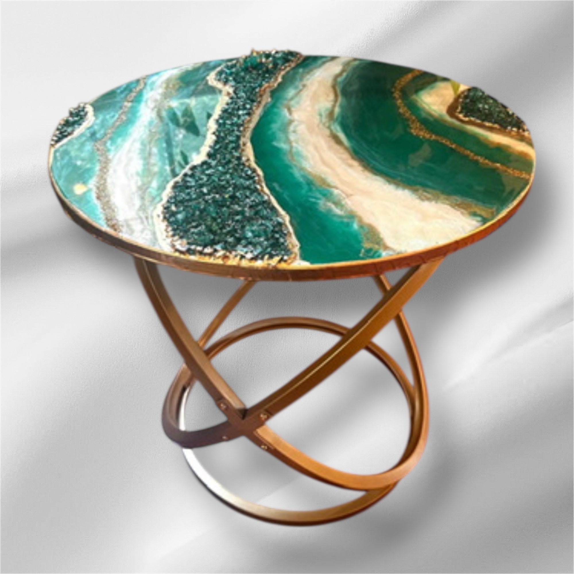 Resin Geode Agate Accent Table – Emerald Green, Gold & White | Handmade Luxury Resin End Table