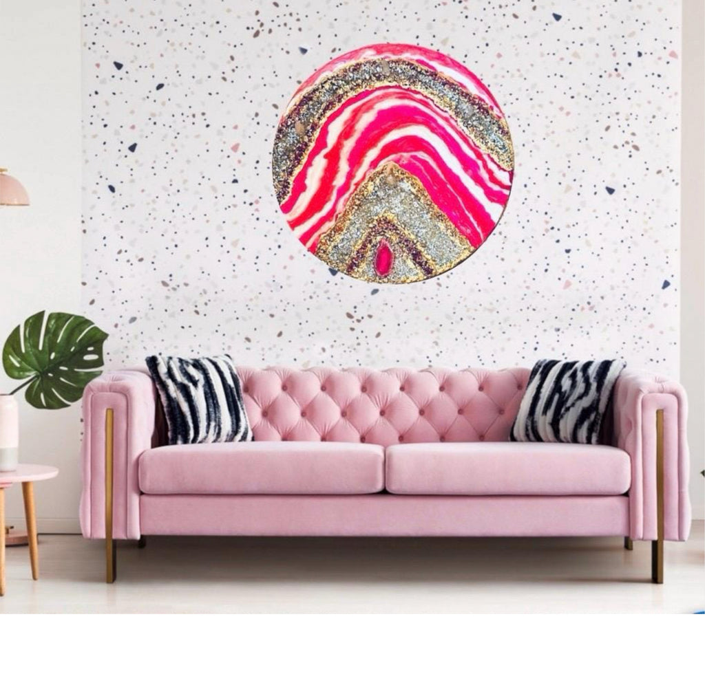 Rose Quartz & Clear Quartz Geode Wall Art | 18” Round Crystal Resin Decor | Boho Glam Handmade Sculpture