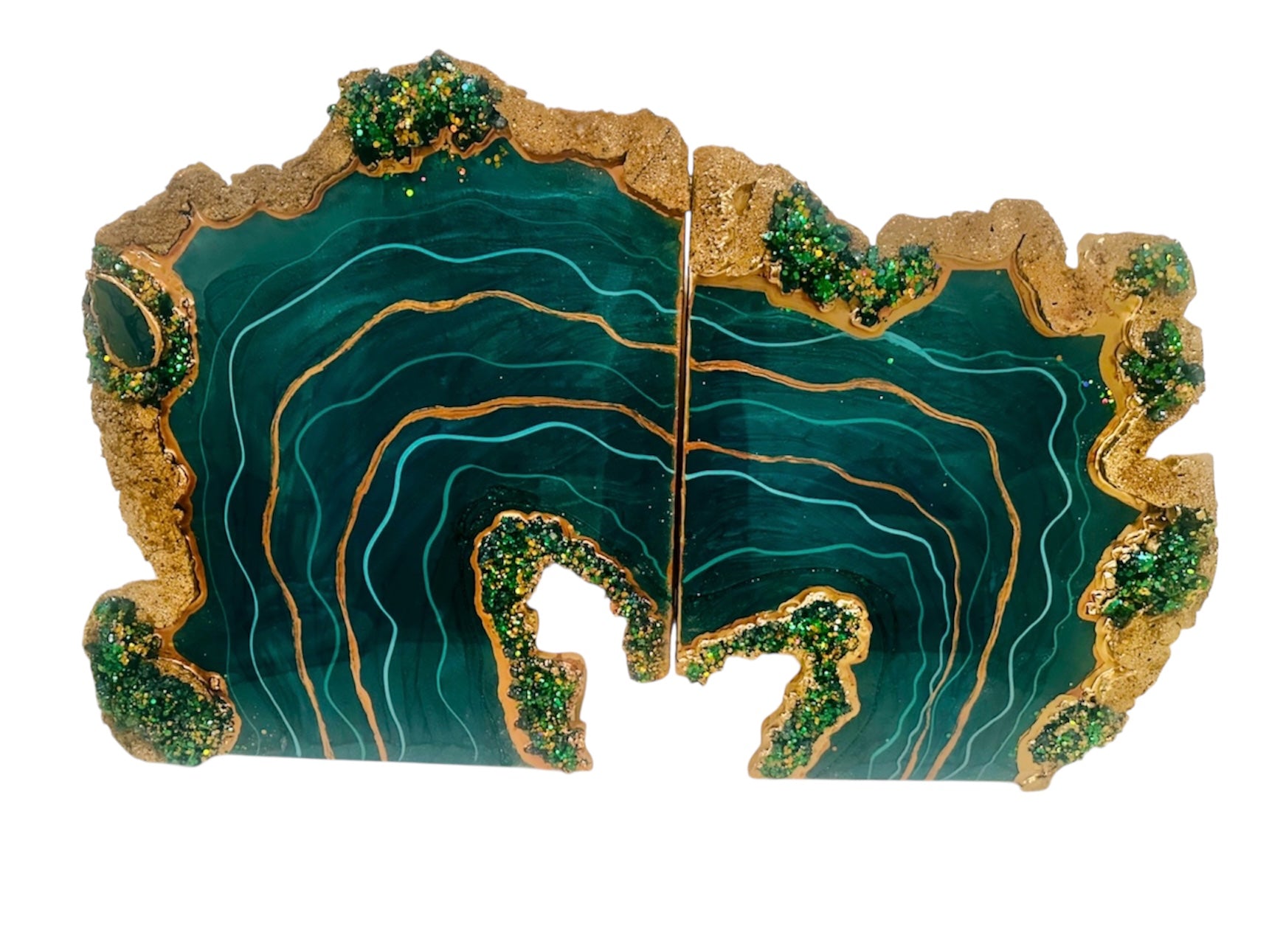 Verdant Aura – Emerald Malachite Geode Resin Crystal Wall Art (32” x 20”)