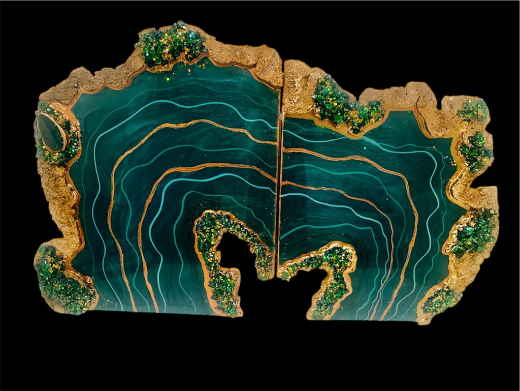 Verdant Aura – Emerald Malachite Geode Resin Crystal Wall Art (32” x 20”)