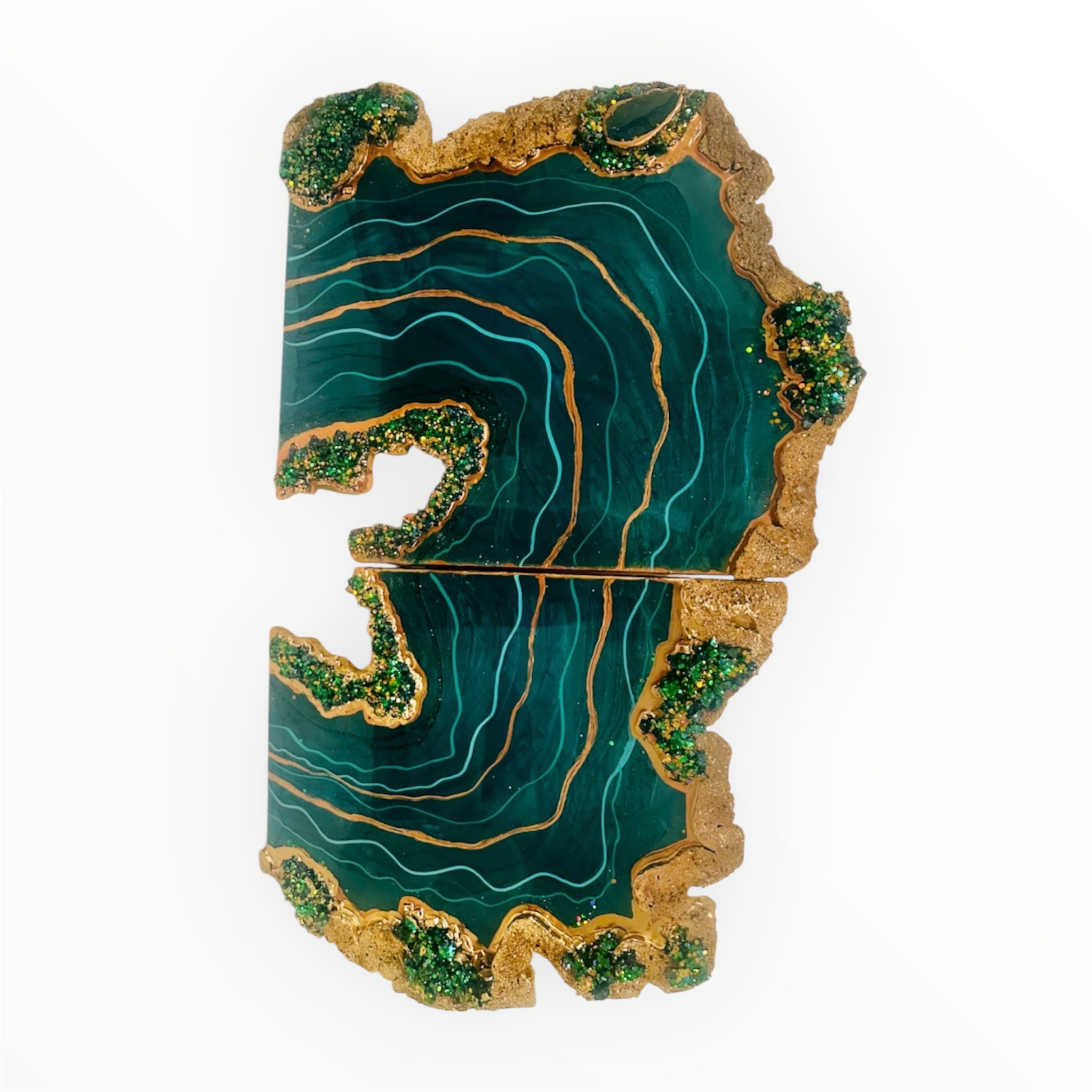 Verdant Aura – Emerald Malachite Geode Resin Crystal Wall Art (32” x 20”)